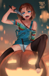 Rule 34 | 1girl, aged up, bare shoulders, blood, bloody knife, blue eyes, breasts, child&#039;s play, chucky, clothes lift, facial scar, facing viewer, genderswap, genderswap (mtf), hair ornament, hairclip, halloween, jack-o&#039;-lantern, knife, lasterk, looking at viewer, no pants, no shoes, off shoulder, orange hair, overall skirt, overalls, panties, pantyshot, red hair, scar, scar on cheek, scar on face, shirt, short hair, skirt, skirt lift, small breasts, solo, spread legs, striped clothes, striped shirt, thighhighs, toes, tongue, tongue out, trick or treat, underwear