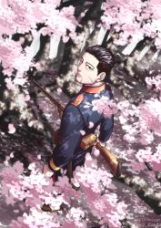 Rule 34 | 1boy, arisaka, black eyes, black hair, blue jacket, blue pants, bolt action, cherry blossoms, collared jacket, decoy00xx, expressionless, facial hair, facial scar, floral background, from above, from behind, gaiters, goatee, golden kamuy, gun, hair slicked back, hair strand, holding, holding weapon, jacket, long sleeves, looking at viewer, looking back, male focus, military, military uniform, ogata hyakunosuke, pants, petals, rifle, scar, scar on cheek, scar on face, short hair, solo, stubble, undercut, uniform, weapon