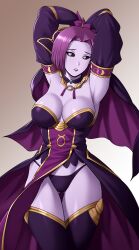 Rule 34 | 1girl, absurdres, arms behind head, black sclera, blue gemstone, breasts, bright pupils, cape, cleavage, collar, colored sclera, colored skin, cowboy shot, detached sleeves, dress, fire emblem, fire emblem echoes: shadows of valentia, fire emblem heroes, gem, gluteal fold, gold trim, gradient background, hestia (fire emblem), highres, large breasts, mature female, nintendo, open mouth, panties, pelvic curtain, purple cape, purple hair, purple lips, purple panties, purple skin, rakusai (saisai garou), short hair, solo, thighhighs, thong, underwear, white pupils, witch