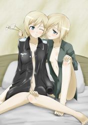 Rule 34 | 2girls, barefoot, bed, blonde hair, blue eyes, blush, erica hartmann, glasses, holding, holding removed eyewear, hug, incest, multiple girls, niki (t26gfaxt), one eye closed, open clothes, open shirt, shirt, short hair, siblings, sisters, strike witches, strike witches: suomus misfits squadron, twincest, twins, unworn eyewear, ursula hartmann, wink, world witches series, yuri