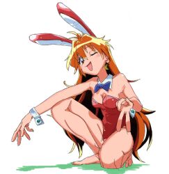 Rule 34 | animal ears, arm on knee, barefoot, blush, breasts, cleavage, crescent, crescent earrings, detached collar, earrings, fake animal ears, jewelry, leotard, lina inverse, long hair, love93078034, medium breasts, orange hair, playboy bunny, rabbit ears, red leotard, simple background, slayers, smile, squatting, strapless, strapless leotard, v, white background, white wrist cuffs, wrist cuffs
