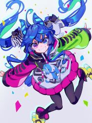 Rule 34 | 1girl, ahoge, animal ears, aqua hair, black bodysuit, black ribbon, blue eyes, blue hair, bodysuit, boots, coat, commentary, confetti, drawstring, floating, grin, hair ribbon, heterochromia, highres, hood, hood down, hooded coat, horse ears, horse girl, horse tail, legs up, long hair, long sleeves, looking at viewer, messy hair, multicolored coat, multicolored hair, outstretched arms, purple eyes, ribbon, sharp teeth, sidelocks, smile, solo, sparkle, spread arms, stuffed animal, stuffed rabbit, stuffed toy, suzu i, tail, teeth, twin turbo (umamusume), twintails, twitter username, two-tone hair, umamusume, yellow footwear