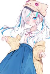 Rule 34 | 1girl, animal ears, animal hat, blue eyes, blue hair, blue skirt, blush, braid, buttons, cardigan, clothing cutout, commission, eip (pepai), grey hair, hair ornament, hair over one eye, hairclip, hat, heart, heart hair ornament, highres, ilu fluor, indie virtual youtuber, long bangs, long hair, long skirt, looking at viewer, mole, mole under eye, multicolored hair, neck ribbon, off shoulder, open cardigan, open clothes, pink ribbon, ribbon, shirt, simple background, skeb commission, skirt, sleeves past wrists, solo, streaked hair, twintails, two-tone hair, virtual youtuber, white background, white shirt, yellow cardigan