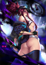 Rule 34 | 1girl, akali, ass, bare shoulders, baseball cap, belt pouch, bikini, breasts, censored, cian yo, cleavage, cleft of venus, clothes lift, dagger, earrings, female focus, fingerless gloves, fingernails, from behind, gloves, glowing, glowing eye, hand on own hip, hat, holding, holding weapon, jacket, jewelry, k/da (league of legends), k/da akali, knife, league of legends, lips, long hair, looking at viewer, looking back, medium breasts, mosaic censoring, nail polish, nipples, off shoulder, open clothes, open jacket, parted lips, pouch, purple eyes, pussy, red hair, reverse grip, shiny skin, shirt lift, sideboob, sidelocks, simple background, solo, standing, swimsuit, thighs, weapon