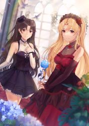 Rule 34 | 2girls, absurdres, artist name, bird, black dress, black headwear, black sleeves, blonde hair, blue flower, blue rose, blurry, blurry foreground, bridal gauntlets, brown hair, closed mouth, cross, cross necklace, detached sleeves, dress, earrings, ereshkigal (fate), fate/grand order, fate (series), flower, hair between eyes, hair flower, hair ornament, hairband, hat, highres, holding, holding flower, indoors, ishtar (fate), jewelry, lolita hairband, long dress, long hair, long sleeves, looking at viewer, mini hat, multiple girls, nail polish, necklace, red dress, red eyes, red flower, red nails, red rose, rose, short dress, sleeveless, sleeveless dress, sleeves past wrists, smile, standing, twintails, very long hair, watermark, white sleeves, xbaka
