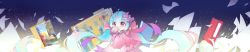 Rule 34 | 404, absurdly long hair, chibi, crying, frills, highres, http status code, long hair, long image, multicolored hair, original, paper, pikachurin, solo, standing, tagme, tears, very long hair, wide image