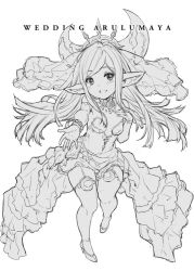 Rule 34 | 1girl, alternate costume, arulumaya, bare shoulders, blush, bracelet, breasts, breasts apart, bridal gauntlets, bridal veil, character name, collarbone, commentary request, crescent, crescent hair ornament, dress, elbow gloves, full body, garter straps, gloves, granblue fantasy, hair ornament, harvin, headgear, high heels, jewelry, long hair, looking at viewer, monochrome, mushi024, necklace, no bra, open mouth, pointy ears, simple background, small breasts, smile, solo, strapless, strapless dress, tagme, thighhighs, veil, wedding dress, white background