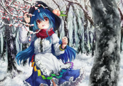 Rule 34 | 1girl, bare tree, blue hair, blue skirt, blurry, breath, center frills, cowboy shot, day, depth of field, dqn (dqnww), food, forest, frills, fruit, hand up, hat, hinanawi tenshi, juliet sleeves, long hair, long sleeves, looking at viewer, nature, open mouth, outdoors, peach, petticoat, puffy sleeves, red eyes, red scarf, scarf, shirt, skirt, snow, solo, touhou, tree, very long hair, white shirt, winter