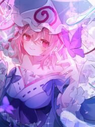 Rule 34 | 1girl, blue hat, blush, bug, butterfly, butterfly on hand, closed mouth, collarbone, hat, highres, insect, looking at viewer, mob cap, osyorasyora, pink eyes, pink hair, saigyouji yuyuko, short hair, smile, solo, touhou, triangular headpiece, upper body