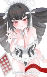 1girl ace_(playing_card) ace_of_hearts animal_ears black_hair breasts card celestia_ludenberg cleavage commentary cowboy_shot danganronpa:_trigger_happy_havoc danganronpa_(series) detached_collar drill_hair fake_animal_ears groin heart highres holding holding_card leotard long_hair looking_at_viewer mikomi00 necktie pantyhose playboy_bunny playing_card rabbit_ears red_eyes red_necktie ribbon simple_background sitting solo strapless strapless_leotard twin_drills unworn_necktie white_background white_ribbon wrist_cuffs