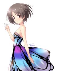 Rule 34 | 1girl, artist name, bare shoulders, blush, breasts, brown eyes, brown hair, bug, butterfly, butterfly dress, collarbone, dated, dress, girls und panzer, highres, insect, kuzuryuu kennosuke, looking at viewer, maruyama saki, open mouth, shiny skin, short hair, simple background, small breasts, solo, standing, upper body, white background