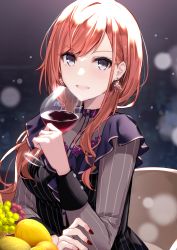 Rule 34 | 1girl, alcohol, aosaki yukina, arisugawa natsuha, cup, drinking glass, earrings, fingernails, food, fruit, grapes, grey eyes, highres, holding, holding cup, idolmaster, idolmaster shiny colors, jewelry, lemon, long hair, long sleeves, looking at viewer, nail polish, open mouth, parted bangs, red hair, red nails, smile, solo, upper body, wine, wine glass