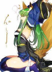 Rule 34 | 10s, 1girl, animal ears, blue thighhighs, breasts, c.c., code geass, cosplay, creayus, detached sleeves, closed eyes, fang, fate/extra, fate (series), fox ears, fox tail, from side, long hair, panties, sash, seiza, sideboob, sitting, solo, tail, tamamo (fate), tamamo cat (fate), tamamo no mae (fate/extra), tamamo no mae (fate/extra) (cosplay), tears, thighhighs, trembling, underwear, white panties, yawning