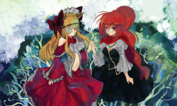 Rule 34 | 2girls, animal ears, blonde hair, borrowed character, breasts, burn mark, cape, cleavage, dress, eyepatch, flower, glasses, gond, holding hands, jewelry, medium breasts, midriff, multiple girls, navel, necklace, original, pince-nez, pixiv fantasia, pixiv fantasia 5, red eyes, red hair, rose, scar, strapless, strapless dress