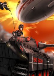 Rule 34 | 1girl, aircraft, alternate costume, arm support, black gloves, black hat, black shirt, brand name imitation, brown eyes, brown hair, closed mouth, commentary request, cross, dirigible, flag, frown, garrison cap, german text, girls und panzer, gloves, gradient sky, hat, headphones, highres, iron cross, japanese clothes, kimono, leaning forward, logo, looking to the side, military, military vehicle, motor vehicle, nishizumi maho, orange sky, outdoors, panther (tank), print kimono, projectile trail, red sky, shirt, short hair, short sleeves, sky, solo, sunlight, tank, tracer ammunition, yaruku