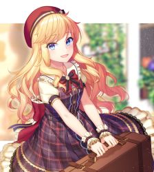 Rule 34 | 1girl, alternate costume, blonde hair, blue dress, blue ribbon, blurry, blurry background, bow, commentary request, dress, hat, highres, holding, holding suitcase, idolmaster, idolmaster cinderella girls, jenevan, long hair, ohtsuki yui, open mouth, puffy short sleeves, puffy sleeves, red bow, red hat, ribbon, short sleeves, smile, solo, suitcase, wavy hair, wrist cuffs