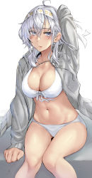 Rule 34 | 1girl, bikini, blue eyes, blush, breasts, cleavage, clothes writing, collarbone, feet out of frame, front-tie bikini top, front-tie top, grey jacket, hair between eyes, headband, highres, jacket, kantai collection, kokuzou, large breasts, long hair, long sleeves, navel, one side up, open clothes, open jacket, silver hair, solo, suzutsuki (kancolle), swimsuit, white bikini, white headband