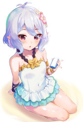 Rule 34 | 1girl, antenna hair, blush, elf, highres, kokkoro (princess connect!), kokkoro (summer) (princess connect!), looking at viewer, open mouth, pointy ears, princess connect!, red eyes, shimon (31426784), short hair, simple background, solo, swimsuit, white hair
