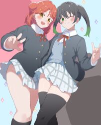 2girls :d ;) \n/ black_hair black_jacket black_socks black_thighhighs blue_background blunt_bangs blush bun_with_braided_base closed_mouth collared_shirt commentary dress_shirt gradient_hair green_eyes green_hair grey_sweater hair_between_eyes hair_bun hair_ornament hairclip half_updo highres jacket kneehighs long_sleeves looking_at_viewer love_live! love_live!_nijigasaki_high_school_idol_club medium_hair miniskirt multicolored_hair multiple_girls neck_ribbon nijigasaki_school_uniform one_eye_closed open_clothes open_jacket open_mouth orange_hair plaid_clothes plaid_skirt pleated_skirt red_ribbon ribbon school_uniform shirt single_side_bun skirt smile socks soyo1558686 sparkle split_mouth sweater swept_bangs takasaki_yu thick_thighs thighhighs thighs twintails two-tone_hair uehara_ayumu w white_shirt white_skirt winter_uniform yellow_eyes zettai_ryouiki