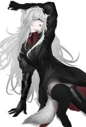 Rule 34 | 1girl, absurdres, arknights, black gloves, black necktie, cowboy shot, formal, gloves, hand up, highres, lappland (arknights), long hair, mebe (teadia violet), necktie, simple background, solo, suit, white background, white hair