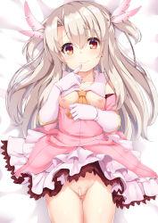 Rule 34 | 1girl, ascot, bar censor, bed sheet, blush, breasts, brown eyes, censored, closed mouth, collarbone, detached sleeves, elbow gloves, fate/kaleid liner prisma illya, fate (series), feather hair ornament, feathers, gloves, gluteal fold, hair between eyes, hair ornament, head tilt, highres, illyasviel von einzbern, light brown hair, long hair, long sleeves, looking at viewer, lying, magical girl, nipples, no panties, on back, orange ascot, pink feathers, pleated skirt, prisma illya, pussy, revision, shirt, skirt, sleeveless, sleeveless shirt, small breasts, smile, solo, toketou, torn clothes, torn shirt, two side up, very long hair, white gloves, white skirt