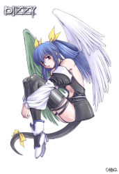 Rule 34 | 1girl, arc system works, asymmetrical wings, blue hair, dizzy (guilty gear), guilty gear, red eyes, ribbon, simple background, solo, tail, tail ornament, tail ribbon, thighhighs, white background, wings