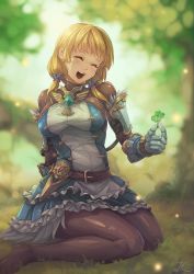 Rule 34 | 1girl, :d, ^ ^, armor, armored dress, belt, blonde hair, blurry, blush, bodysuit, bokeh, breasts, closed eyes, clover, depth of field, dress, etrian odyssey, fencer (sekaiju), four-leaf clover, frills, gauntlets, gem, gloves, greaves, hair ornament, hair over shoulder, highres, holding, large breasts, light particles, lipstick, long hair, low twintails, makeup, no shoes, on ground, open mouth, rebe11, sekaiju no meikyuu, sekaiju no meikyuu 5, signature, sitting, smile, solo, tree, twintails, wariza