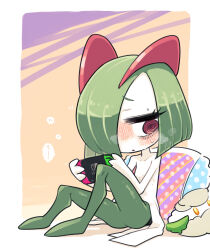 Rule 34 | @ @, blush, cottonee, creatures (company), game freak, gen 3 pokemon, gen 5 pokemon, green hair, hair over one eye, handheld game console, highres, holding, holding handheld game console, horns, ino (tellu0120), kirlia, nintendo, nintendo switch, parted lips, pillow, pink eyes, playing games, pokemon, pokemon (creature), sidelocks, simple background, sitting, sweat