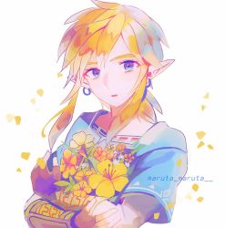 Rule 34 | 1boy, arm guards, artist name, blonde hair, blue eyes, blue tunic, crossed arms, earrings, falling petals, fingerless gloves, flower, gloves, hair between eyes, holding, holding flower, jewelry, link, looking at viewer, low ponytail, male focus, maruta maruta, medium hair, nintendo, parted lips, petals, pointy ears, sidelocks, solo, the legend of zelda, the legend of zelda: breath of the wild, upper body, white background, yellow flower