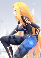 Rule 34 | 1girl, absurdres, alpha (kage no jitsuryokusha ni naritakute!), artist name, black bodysuit, blonde hair, blue eyes, blurry, blurry background, bodysuit, breasts, cleavage, commentary, covered navel, cowboy shot, elf, energy ball, eyebrows hidden by hair, gold trim, grey background, highres, kage no jitsuryokusha ni naritakute!, large breasts, long hair, pointy ears, profile, sidelocks, solo, takata, thigh strap, very long hair