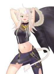 Rule 34 | 1girl, absurdres, ahoge, animal ears, armpits, arms behind head, arms up, cleavage, ear piercing, fangs, green eyes, highres, hololive, isshii5.06, jacket, jewelry, lion ears, lion girl, lion tail, midriff, miniskirt, navel, necklace, one eye closed, open mouth, panties, piercing, see-through, see-through cleavage, shishiro botan, shishiro botan (1st costume), skirt, tail, tongue, transparent background, underwear, virtual youtuber, white hair, zipper