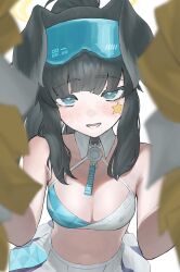 Rule 34 | 1girl, animal ears, bare shoulders, black hair, blue archive, blue eyes, blurry, blurry foreground, blush, breasts, cleavage, dog ears, goggles, goggles on head, halo, hibiki (blue archive), hibiki (cheer squad) (blue archive), highres, long hair, midriff, navel, new makura, open mouth, ponytail, reaching, reaching towards viewer, shirt, simple background, skirt, sleeveless, sleeveless shirt, small breasts, solo, sticker on face, upper body, white background, white skirt