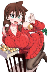 Rule 34 | 1girl, :d, amano megumi, amano megumi wa suki darake!, aqua eyes, artist name, black pantyhose, blush, breasts, brown hair, chair, christmas ornaments, cleavage, clothing cutout, dress, fang, hair between eyes, hair over shoulder, highres, holding, kneeling, large breasts, long hair, looking at viewer, low twintails, nekoguchi, official art, open mouth, pantyhose, red sweater, shoulder cutout, signature, simple background, smile, solo, sweater, sweater dress, thighband pantyhose, twintails, white background