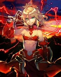 Rule 34 | 1girl, armor, clarent (fate), detached collar, detached sleeves, fate/grand order, fate (series), green eyes, looking at viewer, mordred (fate), mordred (fate/apocrypha), navel, over shoulder, redrop, smug, solo, standing, stomach, strapless, tube top, weapon, weapon over shoulder