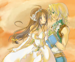 Rule 34 | 1boy, 1girl, blue eyes, blush, breasts, brown eyes, brown hair, cleavage, colorized, commentary request, couple, dress, final fantasy, final fantasy ix, garnet til alexandros xvii, gloves, groin, hetero, highres, holding hands, jewelry, long hair, low-tied long hair, medium breasts, necklace, niwa toriko, official alternate costume, short hair, tail, tiara, very long hair, wedding dress, zidane tribal