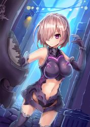 Rule 34 | &gt;:|, 1girl, :|, armor, armored dress, armpits, bare shoulders, black gloves, black thighhighs, breasts, closed mouth, cowboy shot, elbow gloves, fate/grand order, fate (series), gloves, hair over one eye, large breasts, light purple hair, looking at viewer, mash kyrielight, navel, night, purple eyes, shield, short hair, solo, stomach, sumapan, thighhighs, v-shaped eyebrows