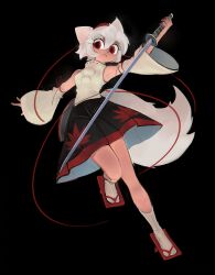 Rule 34 | 1girl, :&lt;, absurdres, animal ears, arm up, armpits, bare shoulders, bensadfleck, black background, black skirt, closed mouth, commentary, english commentary, full body, geta, highres, holding, holding sword, holding weapon, inubashiri momiji, katana, looking at viewer, red eyes, reverse grip, shirt, short hair, simple background, skirt, solo, sword, tabi, tail, touhou, weapon, white hair, white shirt, wolf ears, wolf girl, wolf tail