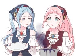 Rule 34 | 2girls, artist name, bad food, bandana, blue eyes, blue hair, felicia (fire emblem), fingerless gloves, fire emblem, fire emblem fates, fire emblem heroes, flora (fire emblem), gloves, grey eyes, highres, holding, holding plate, holding pot, long hair, long sleeves, multiple girls, nintendo, open mouth, pink hair, plate, ponytail, pot, siblings, simple background, sisters, solfa (gikosweety), twins, twintails, upper body, white background