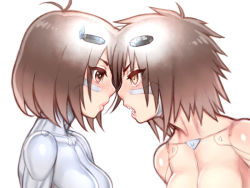 Rule 34 | 2girls, alita, android, antenna hair, bad id, bad pixiv id, battle angel alita, blush, brown eyes, brown hair, commentary request, cyborg, folks (nabokof), forehead-to-forehead, heads together, lips, messy hair, multiple girls, open mouth, sechs, sharp teeth, short hair, spoilers, teeth, white background