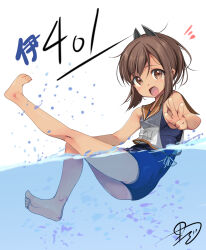 Rule 34 | 1girl, absurdres, barefoot, blue one-piece swimsuit, brown eyes, brown hair, character name, highres, i-401 (kancolle), kantai collection, one-piece swimsuit, open mouth, orange sailor collar, partially underwater shot, ponytail, sailor collar, school swimsuit, school uniform, serafuku, short hair, short ponytail, side-tie shirt, solo, swimsuit, swimsuit under clothes, tan, v, white background, yashin (yasinz)