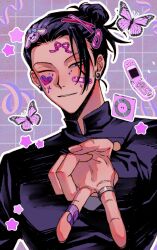 Rule 34 | 1boy, bandaid, bandaid on face, bandaid on hand, black eyes, black hair, black jacket, bug, butterfly, cellphone, ear piercing, flip phone, getou suguru, grid background, hair bun, hair ornament, hair pulled back, hairclip, hand up, insect, jacket, jewelry, ju angbal love, jujutsu kaisen, looking at viewer, male focus, one eye closed, phone, piercing, purple background, ring, short hair, smile, solo, sticker on face, tsurime, upper body, v