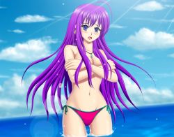 Rule 34 | ahoge, bad id, bad pixiv id, bikini, blue eyes, blush, breasts, covering privates, covering breasts, crossed arms, embarrassed, jewelry, long hair, necklace, ocean, purple hair, solo, submerged, swimsuit, topless, water, yamada taka