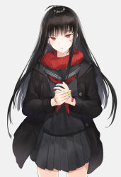Rule 34 | 1girl, bandaid, black hair, highres, jacket, kachi, long hair, looking at viewer, nail polish, original, parted lips, pleated skirt, red eyes, red nails, scarf, school uniform, serafuku, simple background, skirt, solo, white background