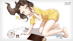 Rule 34 | 1girl, ?, absurdres, all fours, arm support, bad id, bad pixiv id, bangs pinned back, bare legs, barefoot, black nails, blush, braid, braided ponytail, brown eyes, brown hair, chinese commentary, chinese text, commentary request, crosshair, dress, drooling, unworn eyewear, full body, glasses, hand up, heart, highres, horns, indie virtual youtuber, legs, long hair, looking at viewer, minimap, monster hunter, monster hunter: world, monster hunter (series), multiple views, nail polish, open mouth, oshin0 (vtuber), oshin0 (zheng), revision, saliva, short sleeves, simple background, single bare shoulder, toenail polish, toenails, translation request, user interface, virtual youtuber, white background, yellow dress
