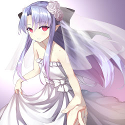 Rule 34 | 1girl, apo (apos2721), bare shoulders, blue hair, blush, bridal veil, bride, clothes lift, commentary request, dress, dress lift, flat chest, flower, hair flower, hair ornament, hair ribbon, holding hands, jewelry, len (tsukihime), long hair, looking at viewer, melty blood, outstretched hand, pointy ears, pov, red eyes, ribbon, ring, sidelocks, solo focus, strapless, strapless dress, tsukihime, veil, wedding, wedding band, wedding dress, white dress