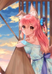 Rule 34 | 1girl, animal ear fluff, animal ears, bare shoulders, blush, breasts, butterfly hair ornament, casual, commentary, commentary request, day, dress, ears down, fate/extra, fate/grand order, fate (series), fox ears, fox girl, fox tail, hair ornament, large breasts, light smile, looking at viewer, mimi, outdoors, pink hair, solo, tail, tamamo (fate), tamamo no mae (fate/extra), yellow eyes