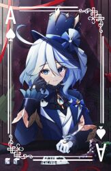 Rule 34 | 1girl, ascot, asymmetrical gloves, black ascot, black gloves, blue eyes, blue hair, blue hat, blue jacket, card, closed mouth, commentary, cowlick, dice, essukaa (e-su), furina (genshin impact), genshin impact, gloves, hand up, hat, heterochromia, highres, indoors, jacket, looking at viewer, medium hair, multicolored hair, on chair, playing card, poker chip, sitting, smile, solo, streaked hair, top hat, upper body, white gloves