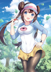 Rule 34 | 1girl, :d, absurdres, blue eyes, blush, bow, breasts, brown hair, brown pantyhose, cloud, commentary request, creatures (company), day, double bun, eyelashes, falling leaves, game freak, hair bun, hand on own hip, hand up, highres, holding, holding poke ball, kaede (maple4rt), leaf, long hair, looking at viewer, medium breasts, nintendo, open mouth, outdoors, pantyhose, pantyhose under shorts, pink bow, poke ball, poke ball (basic), pokemon, pokemon bw2, raglan sleeves, rosa (pokemon), short shorts, shorts, sky, smile, solo, tree, twintails, visor cap, yellow shorts