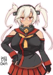 Rule 34 | 1girl, adapted costume, black gloves, black skirt, breasts, cosplay, cowboy shot, dark-skinned female, dark skin, detached sleeves, gloves, highres, kantai collection, kikumon, large breasts, long hair, looking at viewer, musashi (kancolle), one-hour drawing challenge, owa (ishtail), partially fingerless gloves, pleated skirt, red eyes, red shirt, shirt, silver hair, simple background, skirt, sleeveless, sleeveless shirt, solo, twintails, white background, yamato (kancolle), yamato (kancolle) (cosplay)