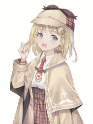 Rule 34 | 1girl, :d, blonde hair, blue eyes, blush, bow, breasts, brown bow, brown capelet, brown hat, brown skirt, capelet, cha chya, collared shirt, commentary, cowboy shot, deerstalker, earrings, hair ornament, hand up, hat, highres, hololive, hololive english, jewelry, long sleeves, looking at viewer, necktie, open clothes, open mouth, plaid, plaid skirt, playing with own hair, pleated skirt, red necktie, round teeth, shirt, simple background, skirt, smile, solo, symbol-only commentary, teeth, upper teeth only, virtual youtuber, watson amelia, watson amelia (1st costume), white background, white shirt